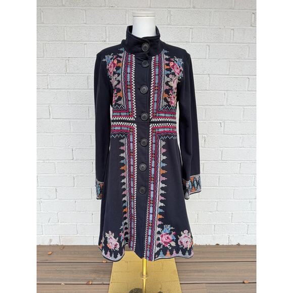 Johnny Was Navy Floral Cross Stitch Embroidered Button Front Long Jacket Coat M - Picture 6 of 9